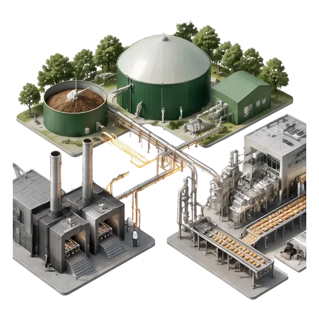 Biogas digester beside industrial heat equipment and gas purification towers