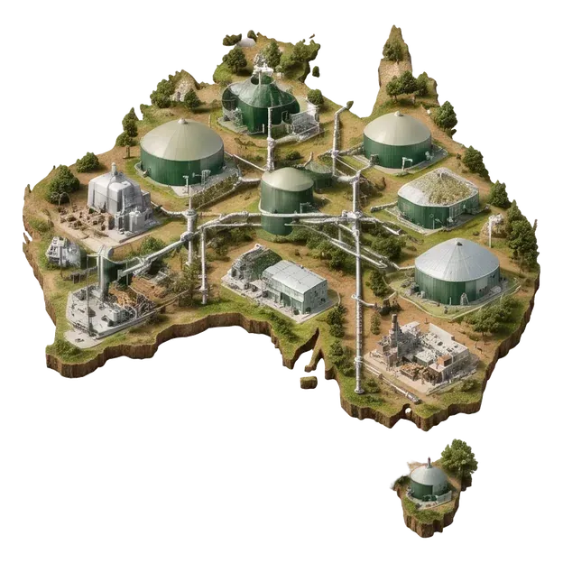 Australian regions illustrated with digesters, farms and connected gas infrastructure