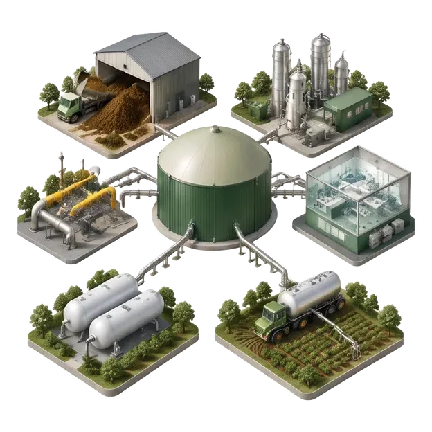 Biogas digester connected to trucks, industrial equipment and regional facilities