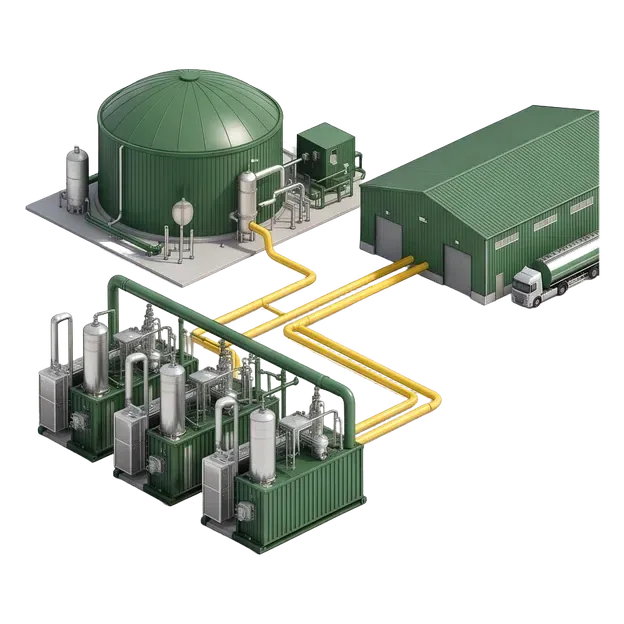 Biogas plant connected by pipeline to an industrial customer