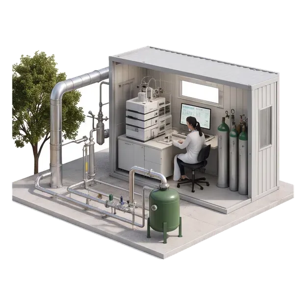 Gas-quality laboratory and technician beside a biogas digester