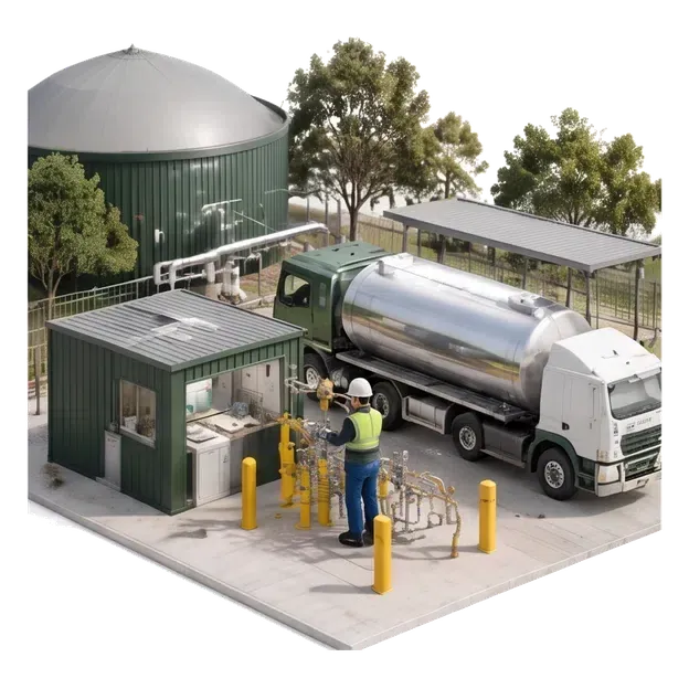 Gas-delivery tanker, metering equipment and quality-control staff at a digester