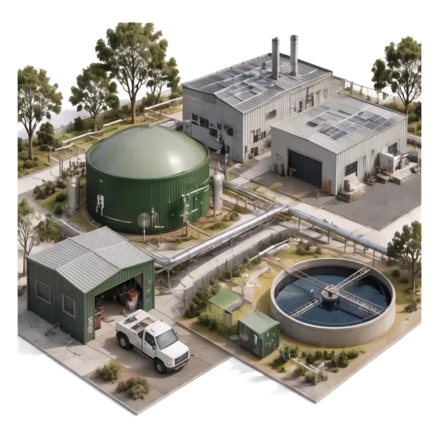 Gas-production equipment beside circular wastewater-treatment infrastructure