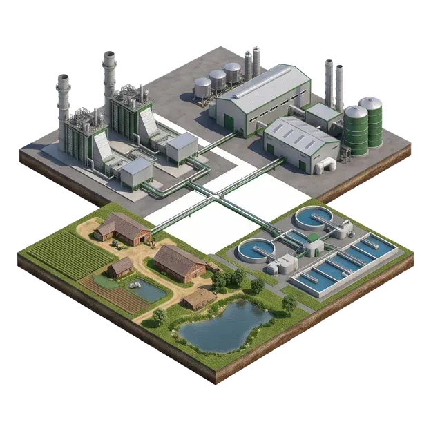Bioenergy plant beside farmland, waterways and an industrial customer