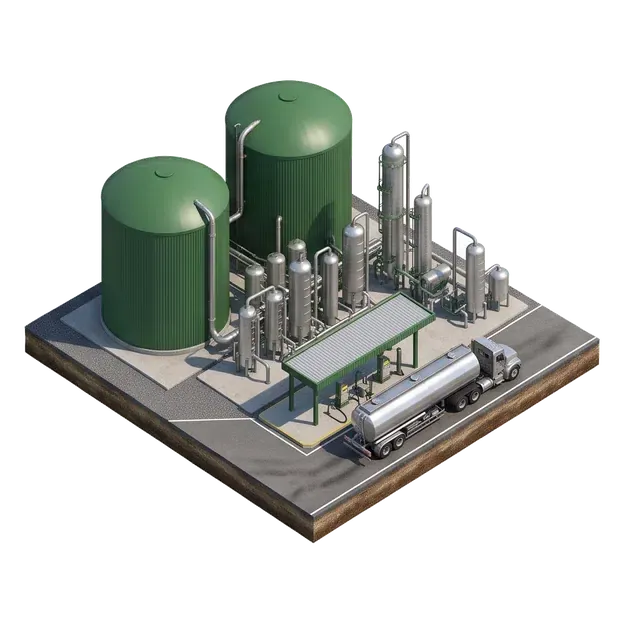 Biomethane tanker leaving a digester and gas-upgrading plant