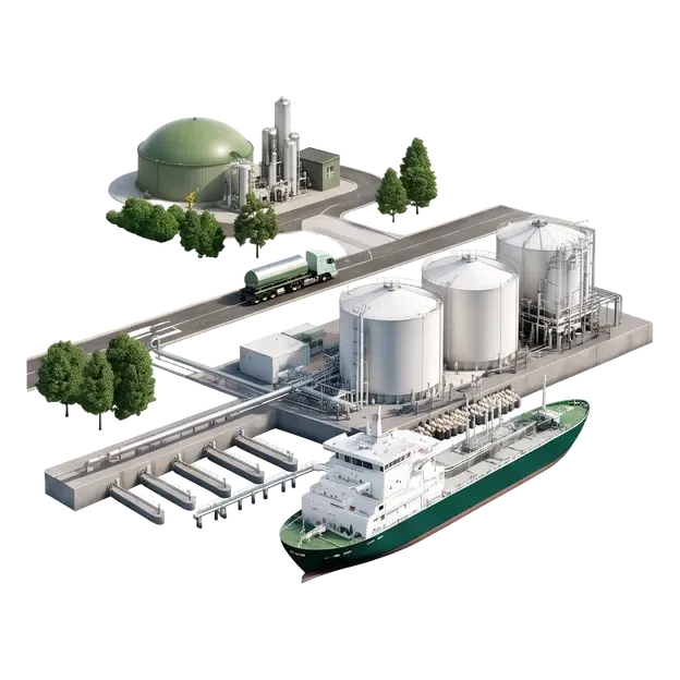 Biomethane production facility, storage tanks and a ship at a port