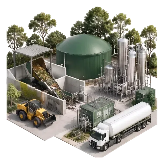 Loader, organic feedstock, digester and biomethane delivery tanker