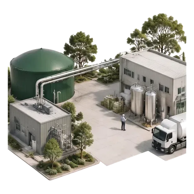 Industrial customer and supply truck beside a renewable-gas plant