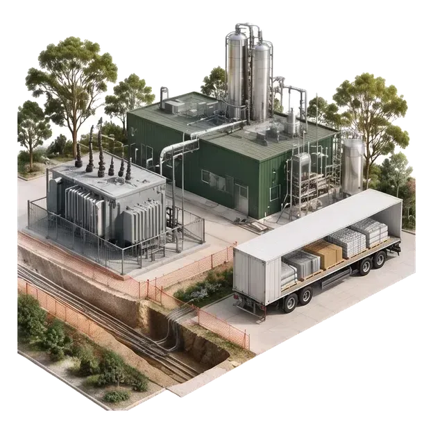 Digester, purification towers, pipes and equipment beside an industrial building