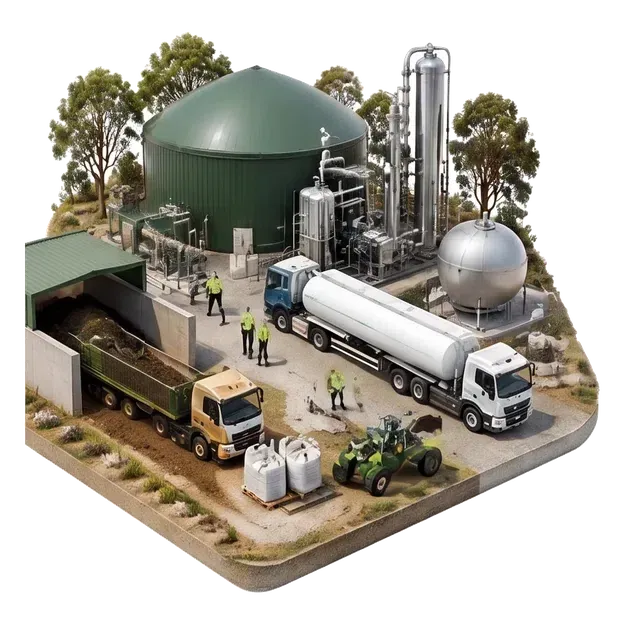 Modular gas equipment and a delivery truck beside a biogas plant