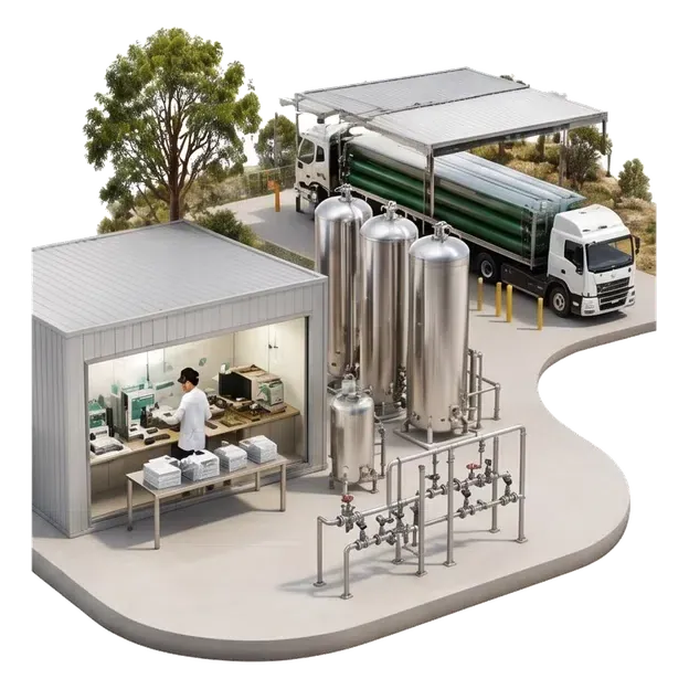 Technician and testing laboratory beside gas-purification and delivery equipment
