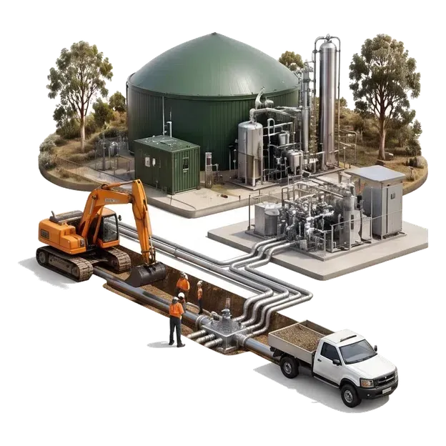 Roadworks and pipe construction connecting a biogas facility to a gas network