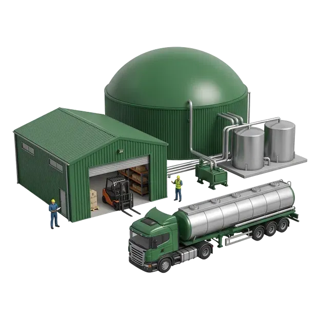 Off-grid gas tanker travelling between a regional digester and industrial customer