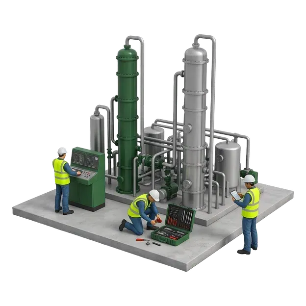 Specialist technicians inspecting gas-quality and commissioning equipment