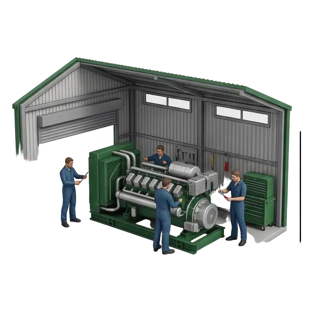 Graduates and technicians discussing equipment outside a biogas facility
