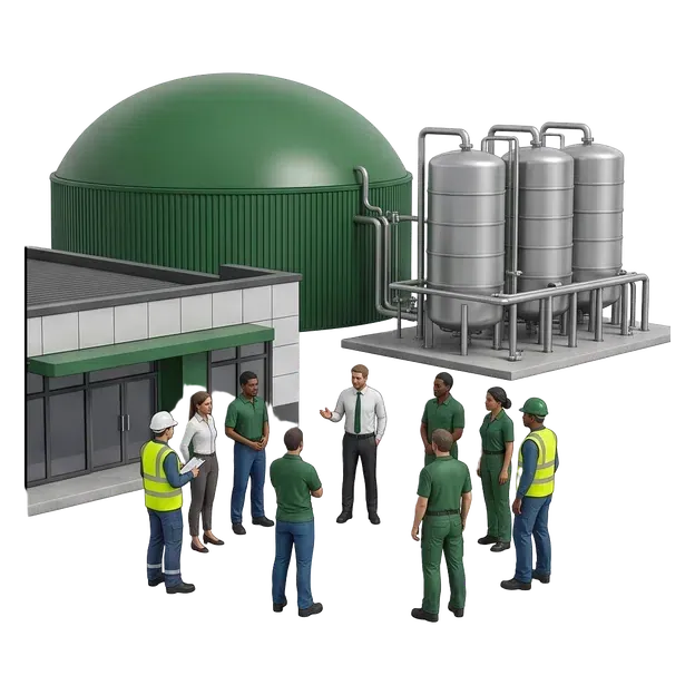 Plant staff outside a biogas digester and industrial operating building