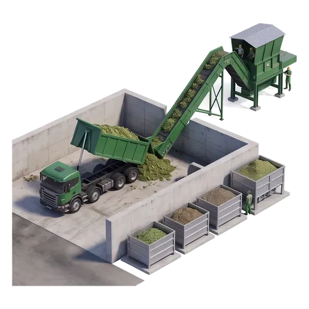 Staff inspecting organic feedstock reception, conveyor and treatment equipment