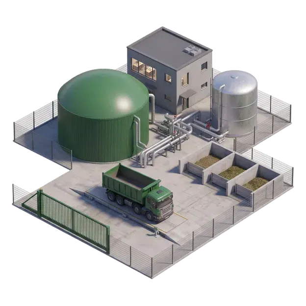 Feedstock delivery vehicle approaching a controlled biogas reception building
