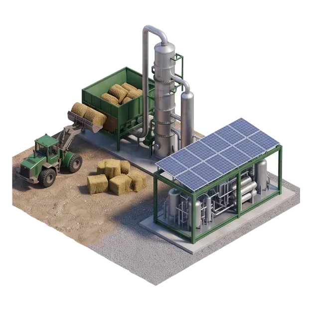 Agricultural inputs beside a digester and a separate solar-powered gas pathway