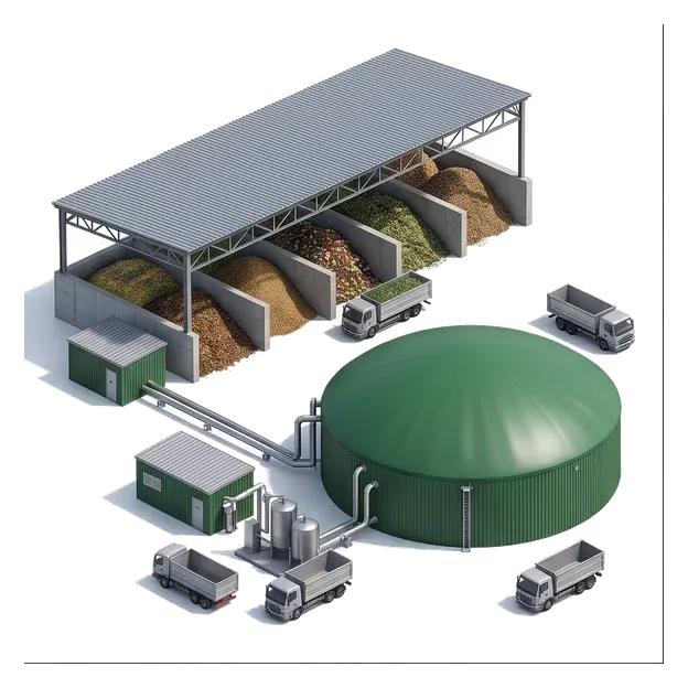 Covered organic feedstock storage beside a biogas digester