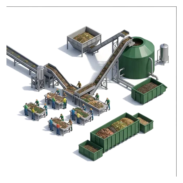 Farm equipment and workers sorting feedstocks beside a biogas facility