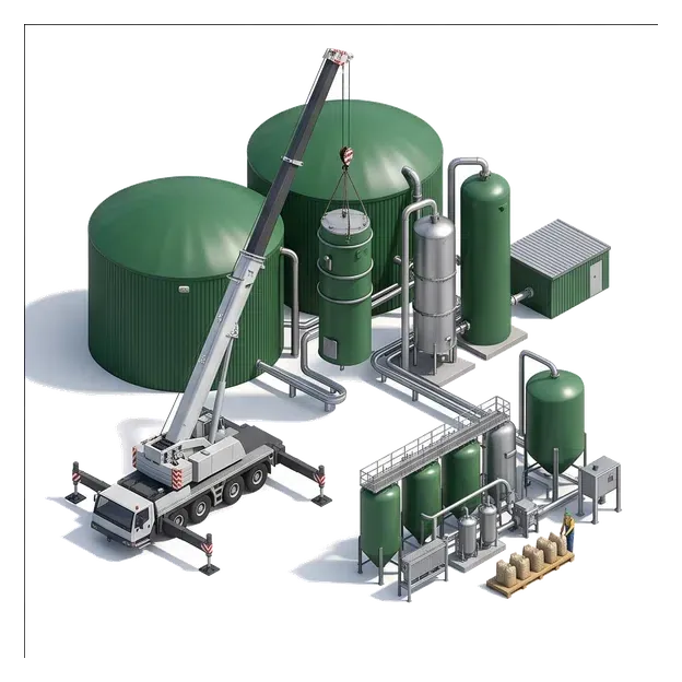 Gas tanker and nutrient-handling equipment beside an existing digester