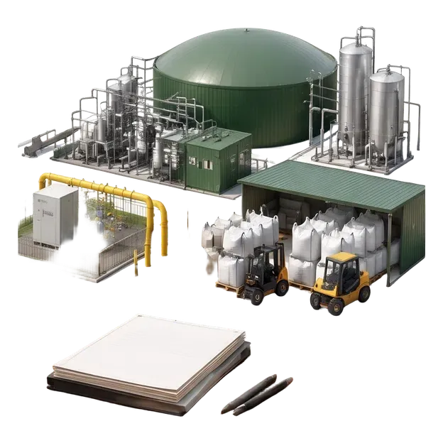 Complete biogas operation with feedstock storage, gas equipment and a planning document