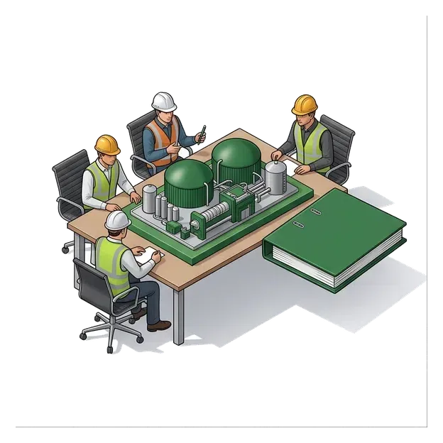 Project team reviewing approval documents beside a biogas plant
