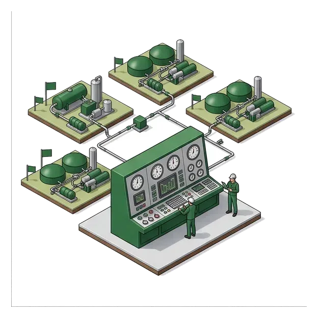 Regional processing plants and gas equipment arranged around a shared coordination point
