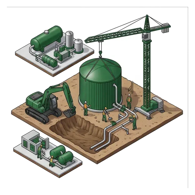 Digester construction site with crane, excavation and pipe installation