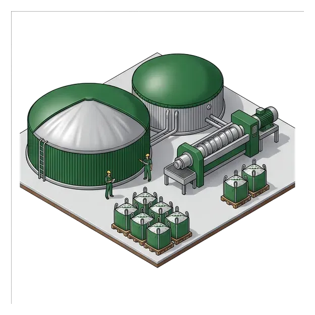 Covered digestate handling and separated nutrient products beside a digester