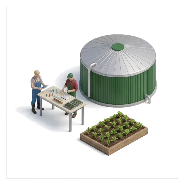 Farmers inspecting nutrient samples beside digestate storage and growing crops